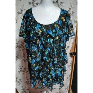 Notations Blue/Yellow Floral Short Sleeve Ruffle Blouse 2X NWOT